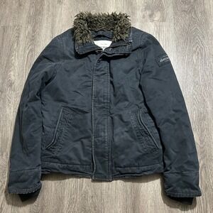 Abercrombie Adirondack Jacket XL Black Faux Fur Collar Cotton Full Zip Coat
